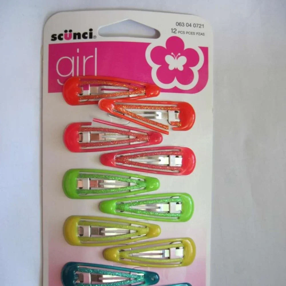 12 Scunci Girls Double Bar Glitter Colored Epoxy Metal Snap Contour Hair Clips